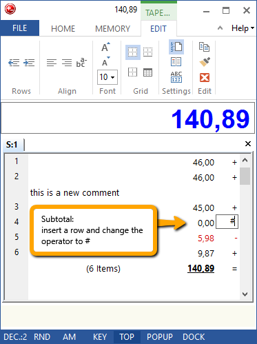 Adding machine with subtotals