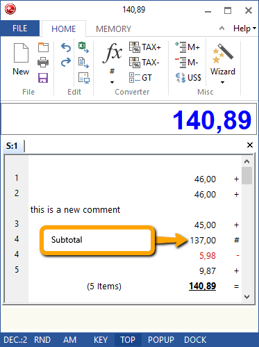 Windows addding machine with subtotals and running tape